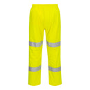 Back view of yellow Class E rain pants with two reflective bands on each leg