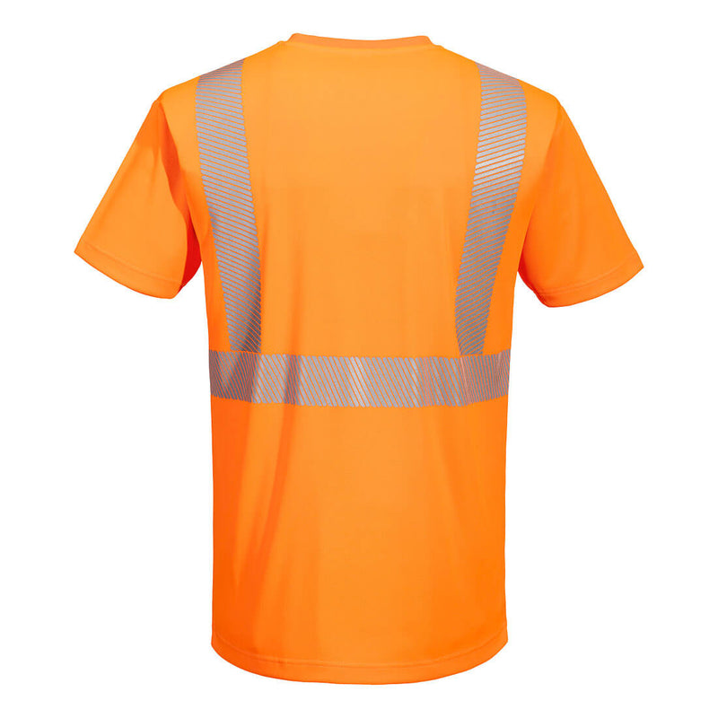 Orange L044 safety T-shirt, back view showing segmented vertical and horizontal reflective tape