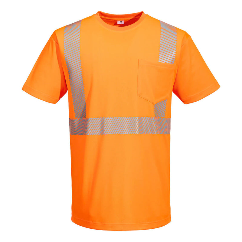 Orange L044 short-sleeve safety T-shirt, front view with segmented reflective tape and chest pocket