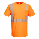 Orange L044 short-sleeve safety T-shirt, front view with segmented reflective tape and chest pocket