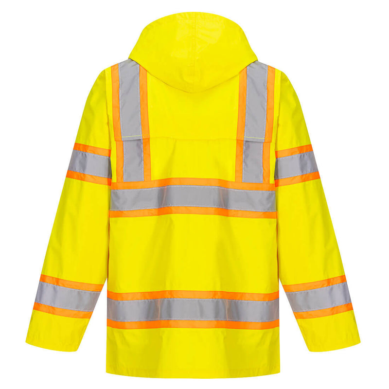 Back view of yellow Class 3 bio-motion rain jacket with orange-bordered reflective tape