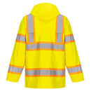 Back view of yellow Class 3 bio-motion rain jacket with orange-bordered reflective tape