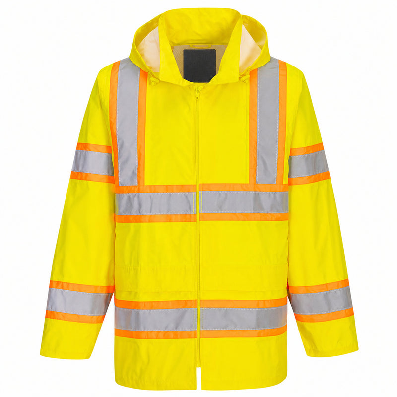 Front view of yellow Class 3 bio-motion rain jacket with orange-bordered reflective tape