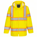 Front view of yellow Class 3 bio-motion rain jacket with orange-bordered reflective tape