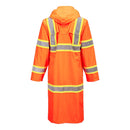 Back view of orange Class 3 48-inch hi-vis rain coat with contrast reflective tape