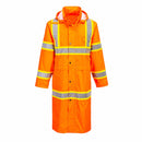 Front view of orange Class 3 48-inch hi-vis rain coat with contrast reflective tape