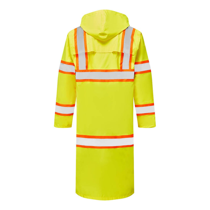 Back view of yellow Class 3 48-inch hi-vis rain coat with contrast reflective tape