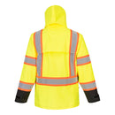Back view of yellow and black Class 3 multi-pocket rain jacket with reflective tape