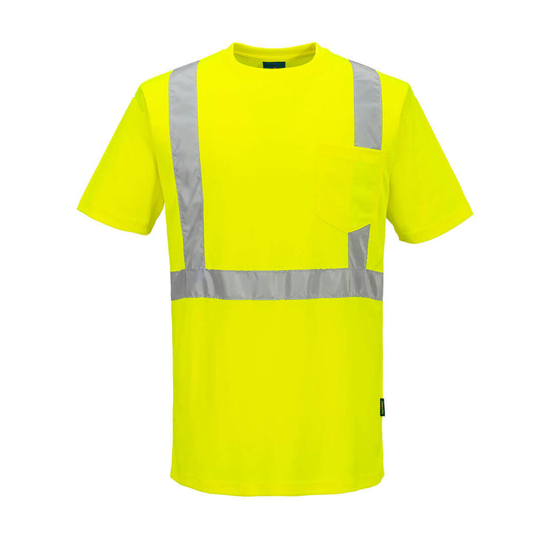 Front view of yellow ANSI Class 2 short-sleeve safety T-shirt