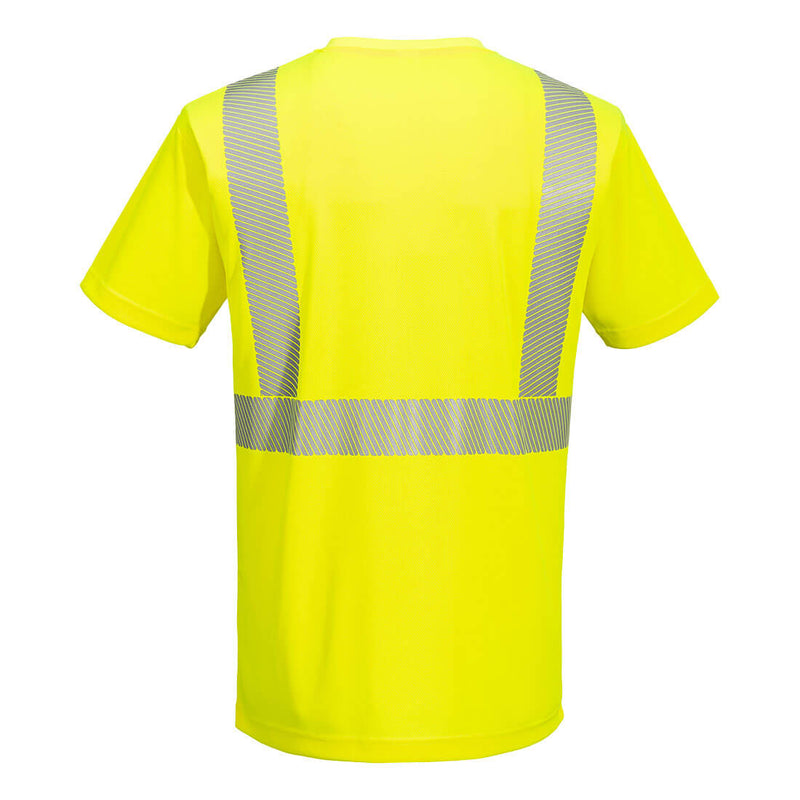 Back view of yellow segmented-tape ANSI Class 2 short-sleeve safety T-shirt