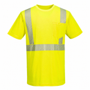 Front view of yellow segmented-tape ANSI Class 2 short-sleeve safety T-shirt
