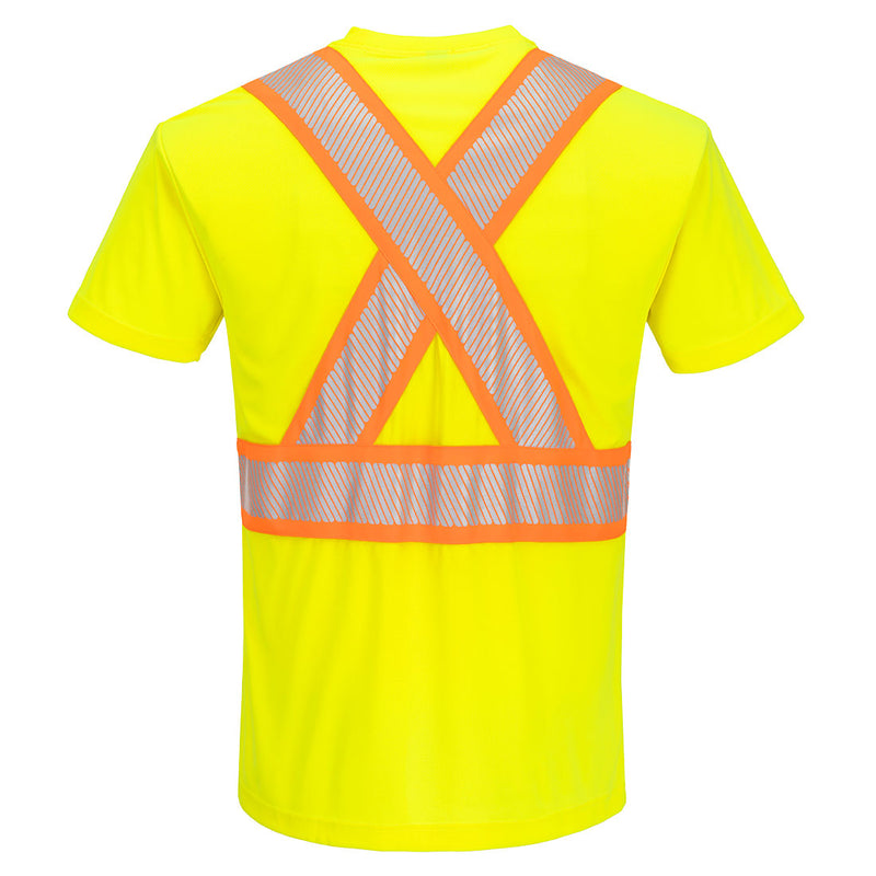 Back view of yellow ANSI Class 2 short-sleeve safety T-shirt with segmented X-back reflective tape