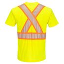 Back view of yellow ANSI Class 2 short-sleeve safety T-shirt with segmented X-back reflective tape