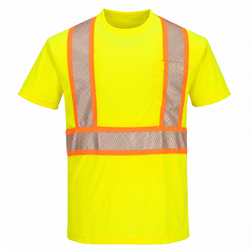 Front view of yellow ANSI Class 2 short-sleeve safety T-shirt with segmented X-back reflective tape