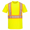 Front view of yellow ANSI Class 2 short-sleeve safety T-shirt with segmented X-back reflective tape