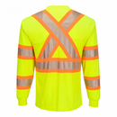 Back view of yellow ANSI Class 3 long-sleeve safety shirt with segmented X-back reflective tape