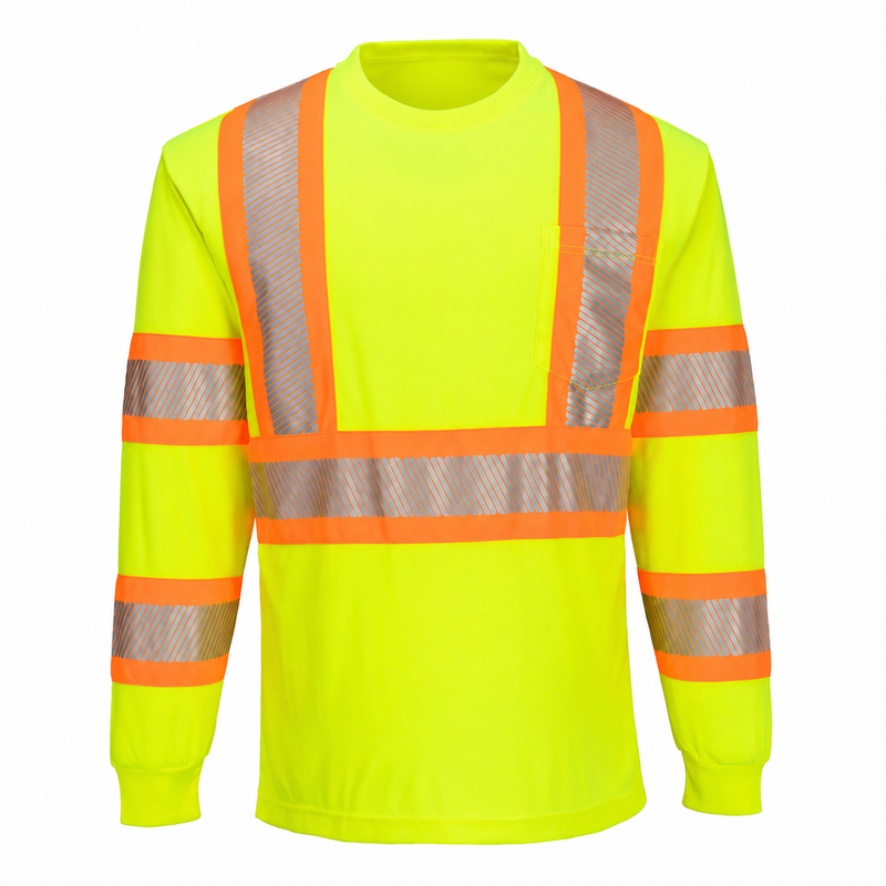 Front view of yellow ANSI Class 3 long-sleeve safety shirt with segmented X-back reflective tape
