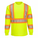 Front view of yellow ANSI Class 3 long-sleeve safety shirt with segmented X-back reflective tape