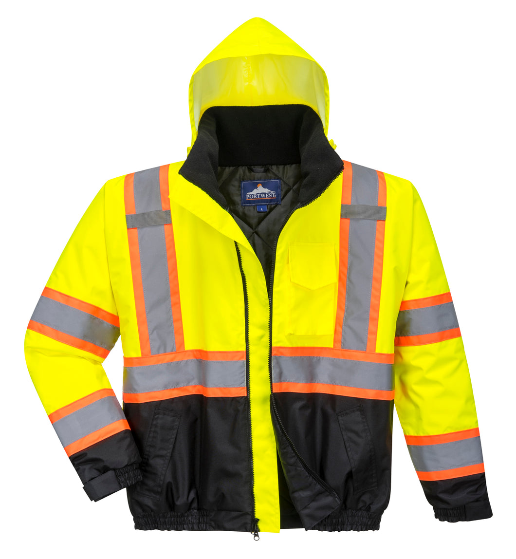 Safety jacket with a hoodie, radio tabs and pockets. Yellow top and black bottom color.