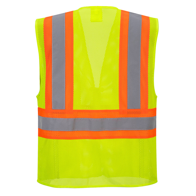 Back view hi-vis yellow Class 2 mesh safety vest with reflective stripes